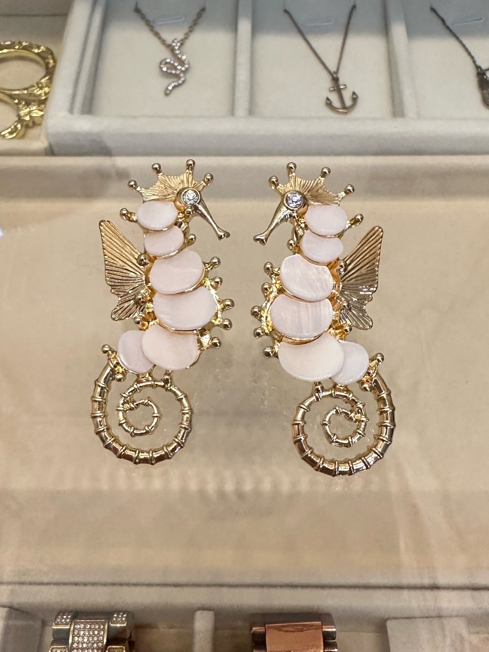 Piper K Gold Seahorse Stud Earrings with White shells
